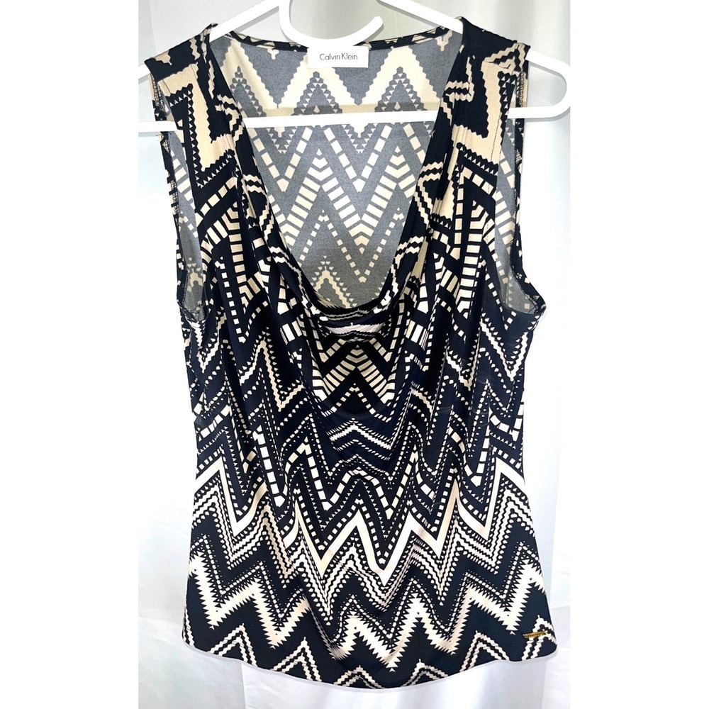 Calvin Klein Cowl Neck Top Geometric Chevron Sleeveless Blouse Black Cream M